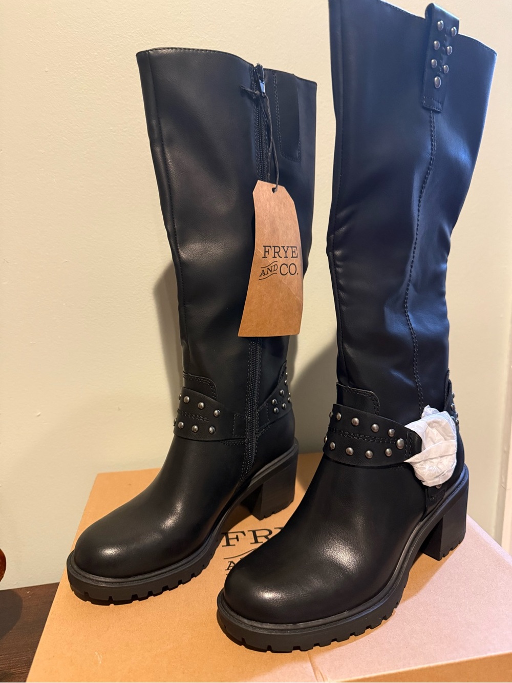 FRYE AND CO. Black Studded Leather Mid-Calf Heeled Boots